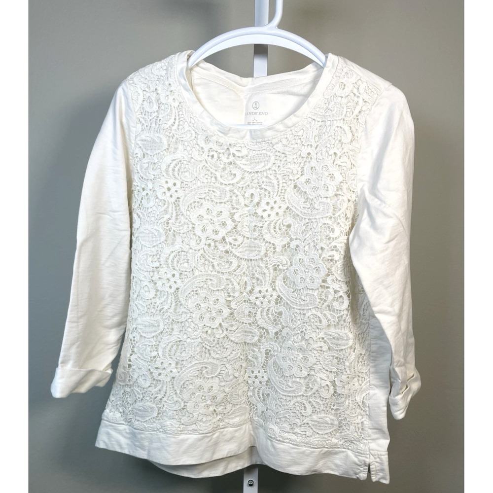 LANDS'‎ END Cotton Pullover Top White Crochet Lace Size Women's Large 14-16